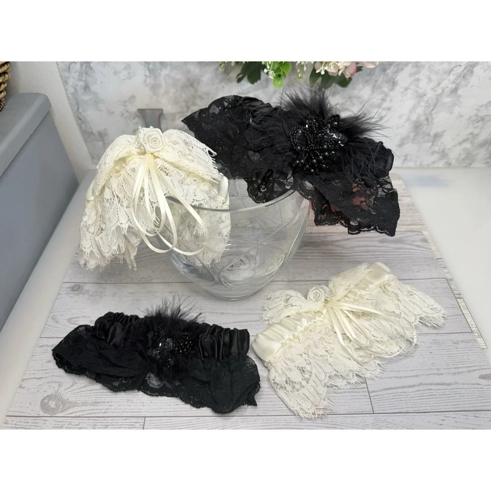 Vintage Victoria's Secret Black‎ Lace Feathers Leg Garter Bride Wedding Y2K EUC